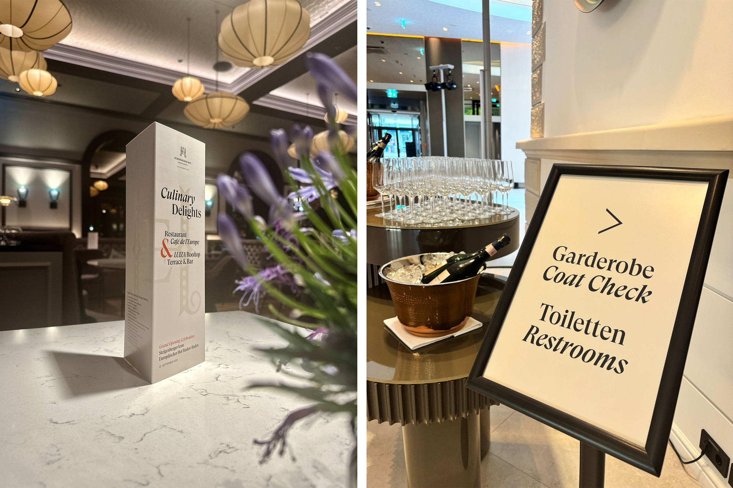Event media in corporate design – programme booklet, menu and invitation in the look and feel of the event for the grand opening at Steigenberger Icon Europäischer Hof Baden.