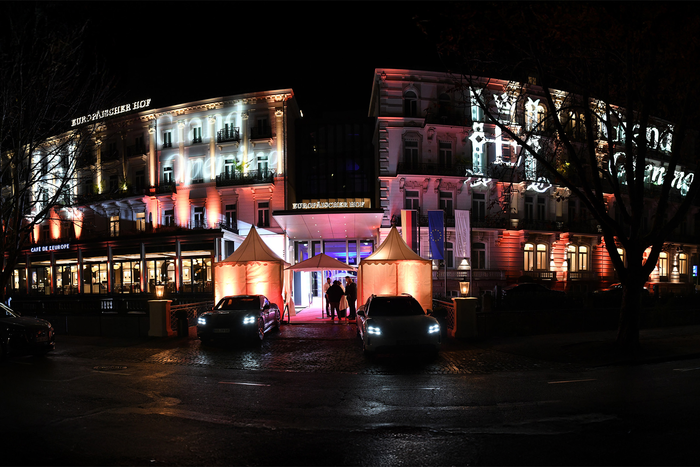Grand opening at Steigenberger Icon Europäischer Hof Baden-Baden – festively illuminated entrance area of the historic hotel.