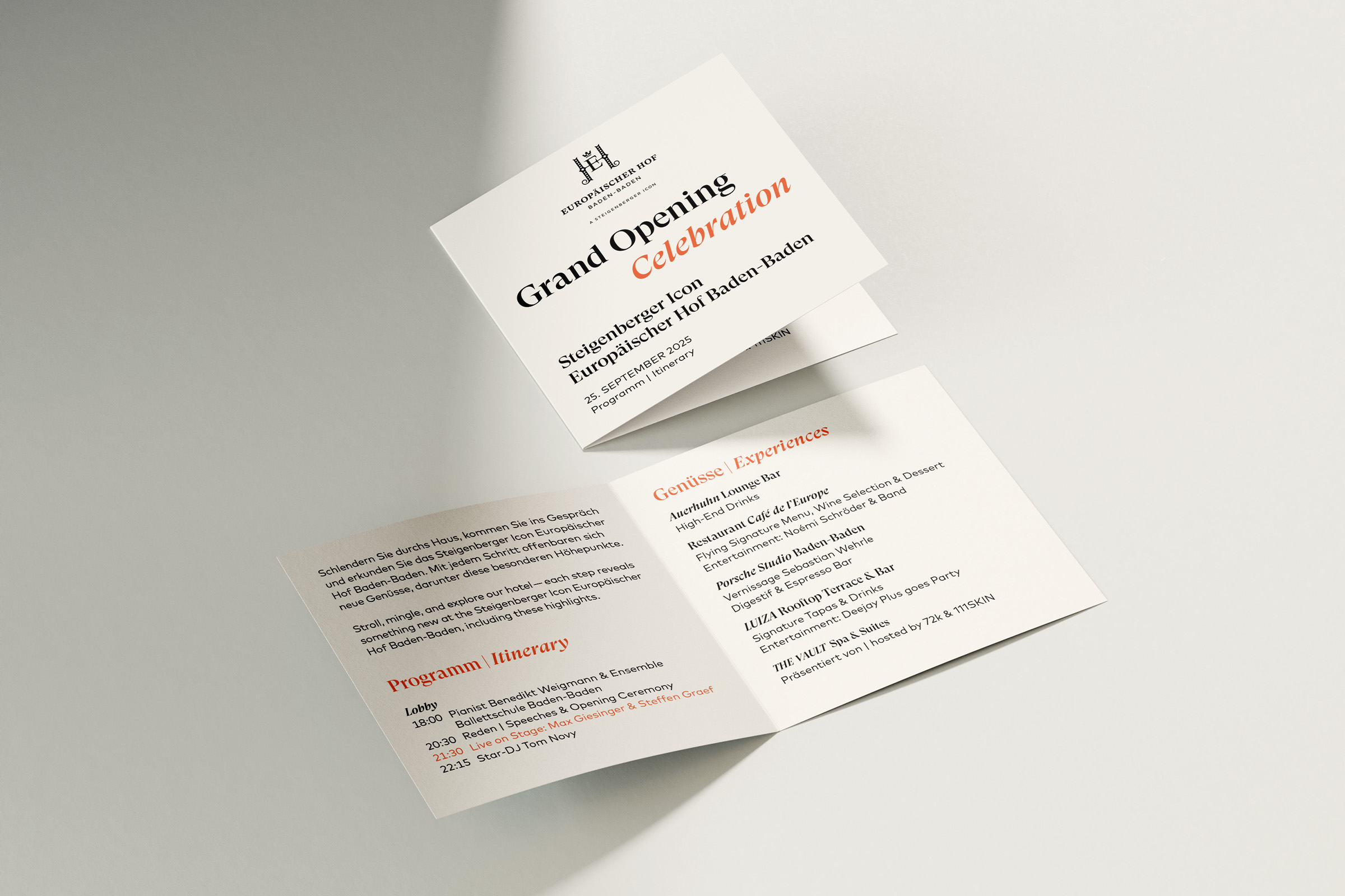 Event media in corporate design – programme booklet in the look and feel of the grand opening of the Steigenberger Icon Europäischer Hof Baden-Baden.